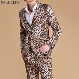 Jackets Pants Mens Leopard Print Suit Casual Slim Fit One Button 2 Piece Set Suits Wedding Singer DJ Stage Plus Costumes Homme 2242o