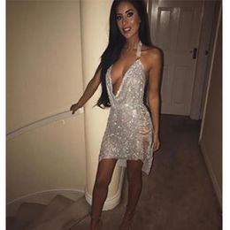 Casual Dresses Luxury Sexy Women Metal Diamonds Chain Crystal Party Summer Halter Gold Silver Sequins Night Club Dress Vesitos LYQ160J