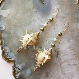 Dangle Earrings ER45533 Golden Murex Seashell And Genuine Pearls Stone Oversized Statement Mermaid Beach Boho Drop