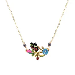 Pendant Necklaces Fashion Hand-painted Enamel Blue Flower Butterfly Branch Necklace Bract Collar Chain Gold Plated Jewellery