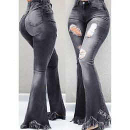 Women's Jeans Full Length Denim Flare s Pants Pocket Holes Bell Bottom Trousers Boot Cut Ruffle Women 231012