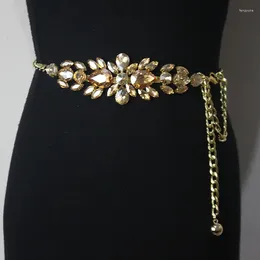 Belts Design Women Fashion Metal Chain Belt Shiny Rhinestone Flower Waist For Dress Jeans Adjustable Size