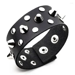 Charm Bracelets Black Punk Leather Adjustable Button Bracelet With Spikes Rivets And Wide 3cm Cool Bangle For Women Wholesale