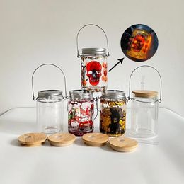 warehouse Blank sublimation Waterproof double walled Borosilicate glass 11oz Solar Lights mason jar glowing elf glass can wind spinner with two lids