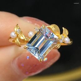 Cluster Rings Luxury 14K Gold Color Square Sea Blue Sapphire Crystal Ladies Vintage Pearl Flower Wedding Bridal Tail 2023