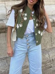 Women's Tanks Women Vintage Embroidery Flower Vests Button-Down Short Waistcoat Spring Fall Fashion Sleeveless Jackets