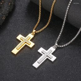 Pendant Necklaces Hip Hop Bling Iced Titanium Steel Double Layer Cross Pendants For Men Rock Jewellery Gold Silver Colour Drop
