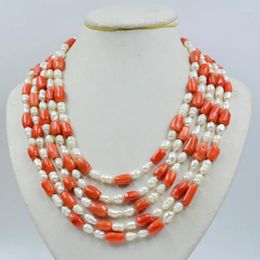 Choker 5 Rows. 8MM Natural Orange Coral And 7MM Pearl Necklace. Classic Feminine. Party Jewellery