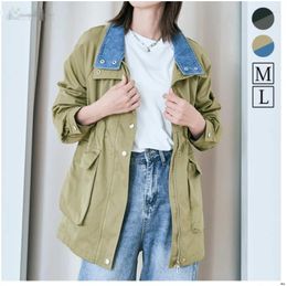 Women's Jackets 2023 Autumn Japanese Casual Fashion Zipper Solid Colour Denim Panel Windbreaker High Neck Coat Loose Top