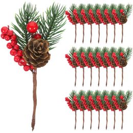 Decorative Flowers 10pcs Christmas Artificial Berry Picks Holly Red Twig Stem Floral Pine Cone Branches Garland Bulk For DIY Craft