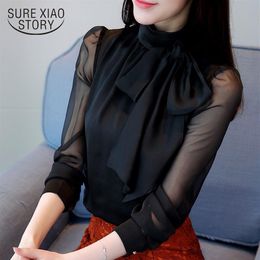 New Summer Fashion Tunic Women Blouse Shirts Long Sleeve Tie Bow Chiffon Turtleneck Formal Women White Black Shirts 0599 30281V