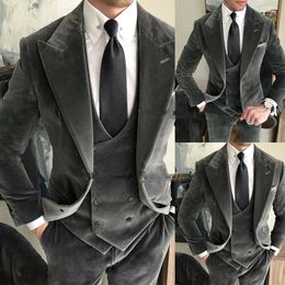 Grey Velvet Men Wedding Tuxedos African Suits for Prom Slim Fit Groom Wear Male Fashion Costume Jacket With Pants Vest