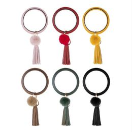 2020 New PU Leather Bracelet KeyChains Circle Cute Solid Colour fur pompom Tassel Wristlet Keychain For Women Girls Jewelery261v