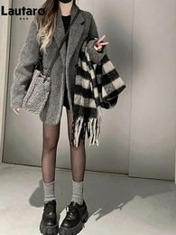 Women's Wool Blends Lautaro Autumn Winter Grey Black Warm Soft Woollen Blazer Women Long Sleeve Single Breasted Korean Fashion in Coats Jackets 231013