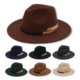 Wide Brim Hats Bucket Alloy Fish Bone Belt Decor Felt Hat British Flat Women Fedora Casual Trilby Classic Dress For Men Retro Jazz 231012