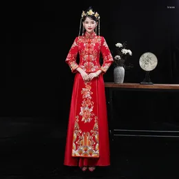 Ethnic Clothing Traditional Chinese Cheongsam Embroidered Bridal Wedding Dress Vintage Red Classic Qipao Fashion Elegant Engagement Xiuhe