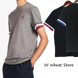 Men's T Shirts Summer Wheat Embroidery Business Casual Round Neck Classic Style Top Cotton Stripe Panel Short Sleeve T-shirt Men High