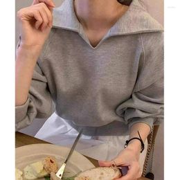 Women's Hoodies Clothland Women Vintage Grey Sweatshirt Polo Neck Long Sleeve Basic Style Pullover Cute Casual Female Tops Mujer HA410