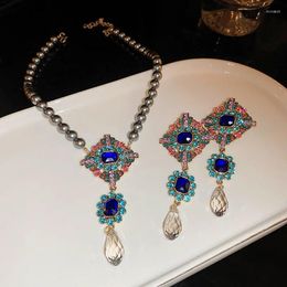 Pendant Necklaces Minar Hyperbole Colourful Rhinestones Crystal Square Rhombus Water Drop Tassel For Women Imitation Pearl Choker