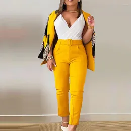 Women's Two Piece Pants 1 Set Women Suit With Belt Lapel Neck Cardigan Blazer Solid Trousers Business Two-piece Temperament Office Ladies