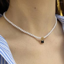 Pendant Necklaces Square Black Zircon Inlay Imitation Pearl Necklace For Women Collar Stainless Steel Clasp Fashion Jewellery