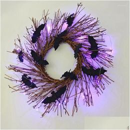 Decorative Flowers Halloween Wreath For Front Door Illuminated Christmas Garland Black Bat Rattan Decorations Home Party Dhfl8