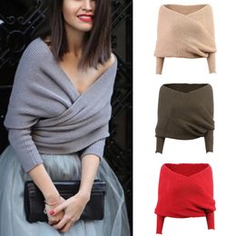 Shawls Arrival Sexy Women Vneck Wrap Sweaters Scarf Fashion Knitted Off Shoulder Long Sleeve Warm Loose Female Scarves 231012