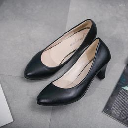 Dress Shoes 2023 Women's Middle School Heel Black Thick Pointed Professional Leather Large Work