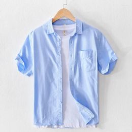 Men's Casual Shirts Men Pure Cotton Short Sleeve Business Turn-down Collar Solid Color Single Pocket Loose Bigger Size Shirt