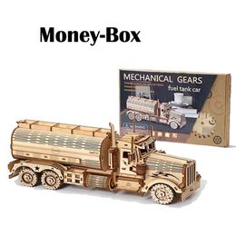 Blocks DIY 3D Wooden Puzzles Money Box Piggy Bank Fuel Truck Model Building Block Kits Assembly Jigsaw Toy Gift for Children 231013