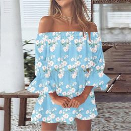 Casual Dresses Summer For Women Sexy Off Shoulder Sundress Loose Floral Print Boho Dress Bell Sleeve Blouse With Mid Long