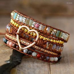 Strand Handmade Multilayers Heart Charm Natural Stone Crystal Beaded Leather Wrap Bracelet For Women