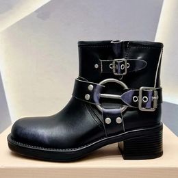 Square Heels Thick Sole Short Boots Woman Metal Belt Buckle Ankle Boots Punk Shoes Female Genuine Leather Motorcycle Boots Women