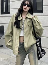 Women's Jackets Green PU Jacket Women Oversize Vintage Leather Coat Lady Korean Fashion Loose Zip Up Outerwear Female Casual High Street