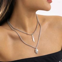 Pendant Necklaces Personalised Halloween Necklace FOR WOMEN Geometric Dagger Skull Double-Layer Metal Accessory TREND PARTY