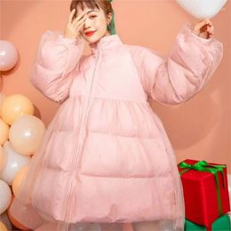 Women's Trench Coats 2023 Winter Pink Sweet Casual Parkas Women Cute A-line Thick Warm Korean Cotton Padded Female Mesh Patchwork Outerwears