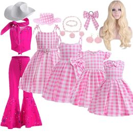 Girl s Dresses 2023 Movie Barbi Girls Dress Cosplay Costume Pink Plaid Top and Flared Trousers Suit Halloween for Kids 231013