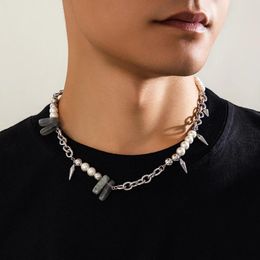 Pendant Necklaces KunJoe Punk Irregular Stone CCB Beads Rivets Necklace Men Gothic Imitation Pearl Silver Color Link Chain Choker