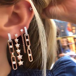 Whole Rose Gold Colour Punk Rock Crystal Cubic Zirconia Paved Latest Design Fashion Long Link Chain Hoop Earring For Women217m