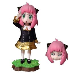 Mascot Costumes 12cm Anime Figure Spyfamily Anya Forger Small Bean Mind Change Head School Uniform Salute Model Doll Toy Gift Collect Pvc