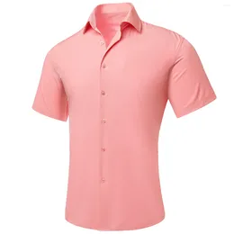 Men's Casual Shirts Hi-Tie Peach Pink Solid Plain Silk Short Sleeves Mens Spring Summer Hawaii Shirt Male Breathable Soft Formal Gift