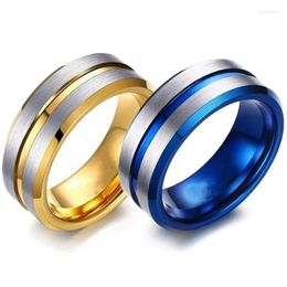 Wedding Rings 8MM Brushed Ladder Edge Stainless Steel Ring Exquisite Gold Colour Blue Groove Engagement Jewellery Gift For Men