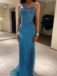 Gorgeous Beads Pearls Arabic Mermaid Evening Dresses One Shoulder Women Formal Party Gowns Long Shinny Dubai Reception