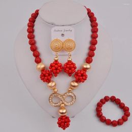 Necklace Earrings Set Latest Red Nigerian Coral Beads African Jewellery Bridal Wedding 12-F-02