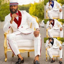 White Mens Wedding Suit 3 piece Custom Bridegroom Prom Party Tuxedo Slim Fit Blazer Red Velvet Double Breasted Jacket Vest Pants248j