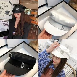 Berets Flat Top Rhinestone Sboy Cap For Womens Fashion Solid Color Military Caps Female Silk Satin Naval Hat Paperboy214W