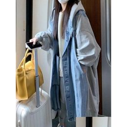 Women'S Trench Coats Womens Trench Coats Autumn Winter Jackets For Women Hooded Single Breasted Patchwork Denim Jacket Long Windbreake Otdow