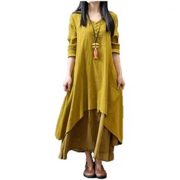 Women Casual Solid Spring Dress Loose Full Sleeve V Neck Button Dress Cotton Linen Boho Long Maxi Dress Vestidos1247s
