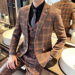 Men's Suits High Quality Plaid (suit Vest Trousers) Business Handsome Korean Version Of The Trend Slim Casual Fashion Suit Set