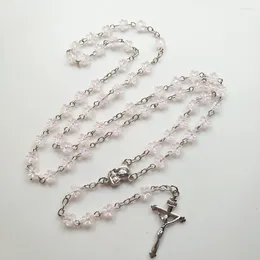 Pendant Necklaces CottvoCatholic Rosary Necklace Pink Flower Prayer Beads Chain Our Lady Medal Crucifixion Cross Chaplet Baptism Jewellery